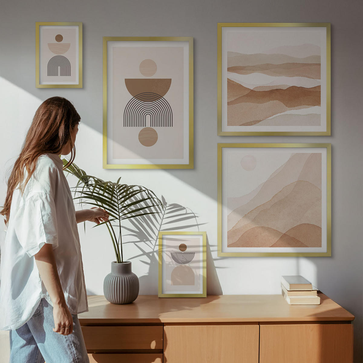 BILDER SET 5er Set - 50x50 cm & 20x30 cm & 40x60 cm Goldrahmen - Abstraktes Boho-Design - Goldfarben, Kunststoff (40/60cm) - TULUP