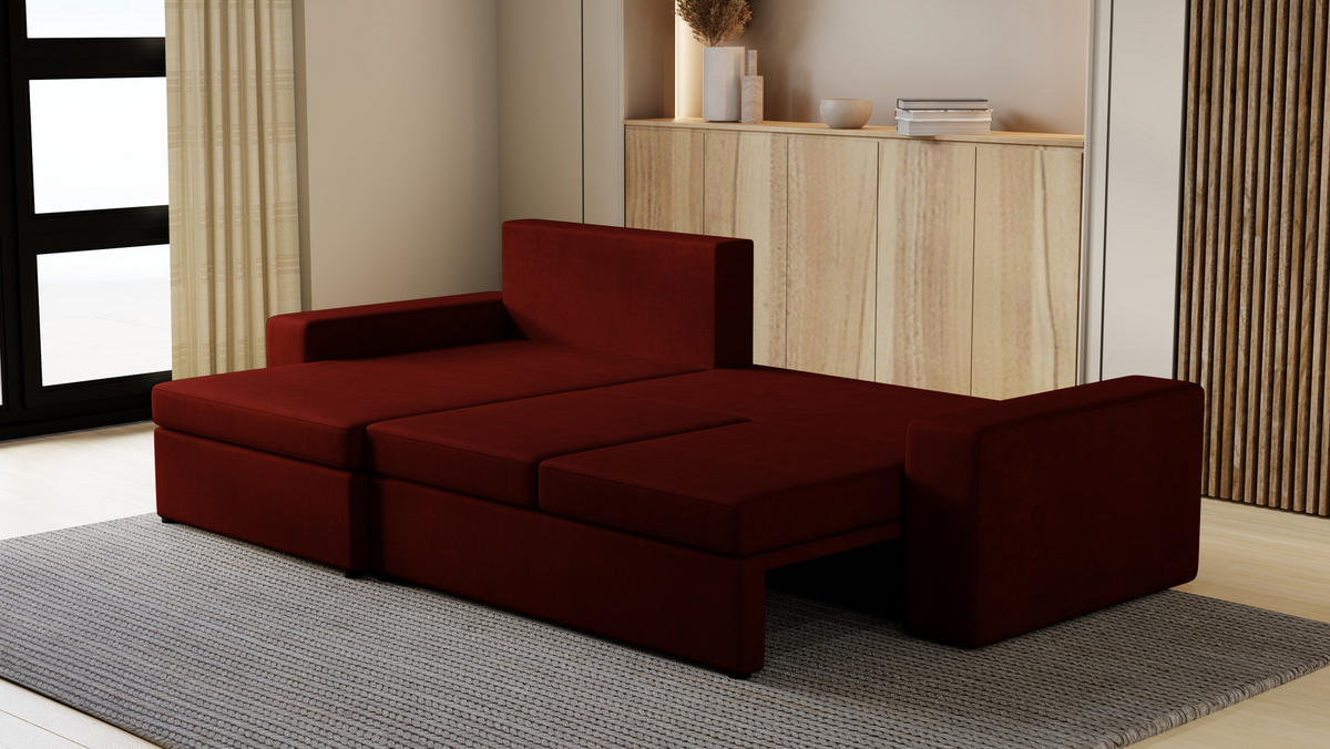 ECKSOFA Paco mit Bettkasten und Schlaffunktion, L-Form/XL-Form, Velourstoff, Universal - Weinrot, Holzwerkstoff (276/145cm) - 4ALL HOME