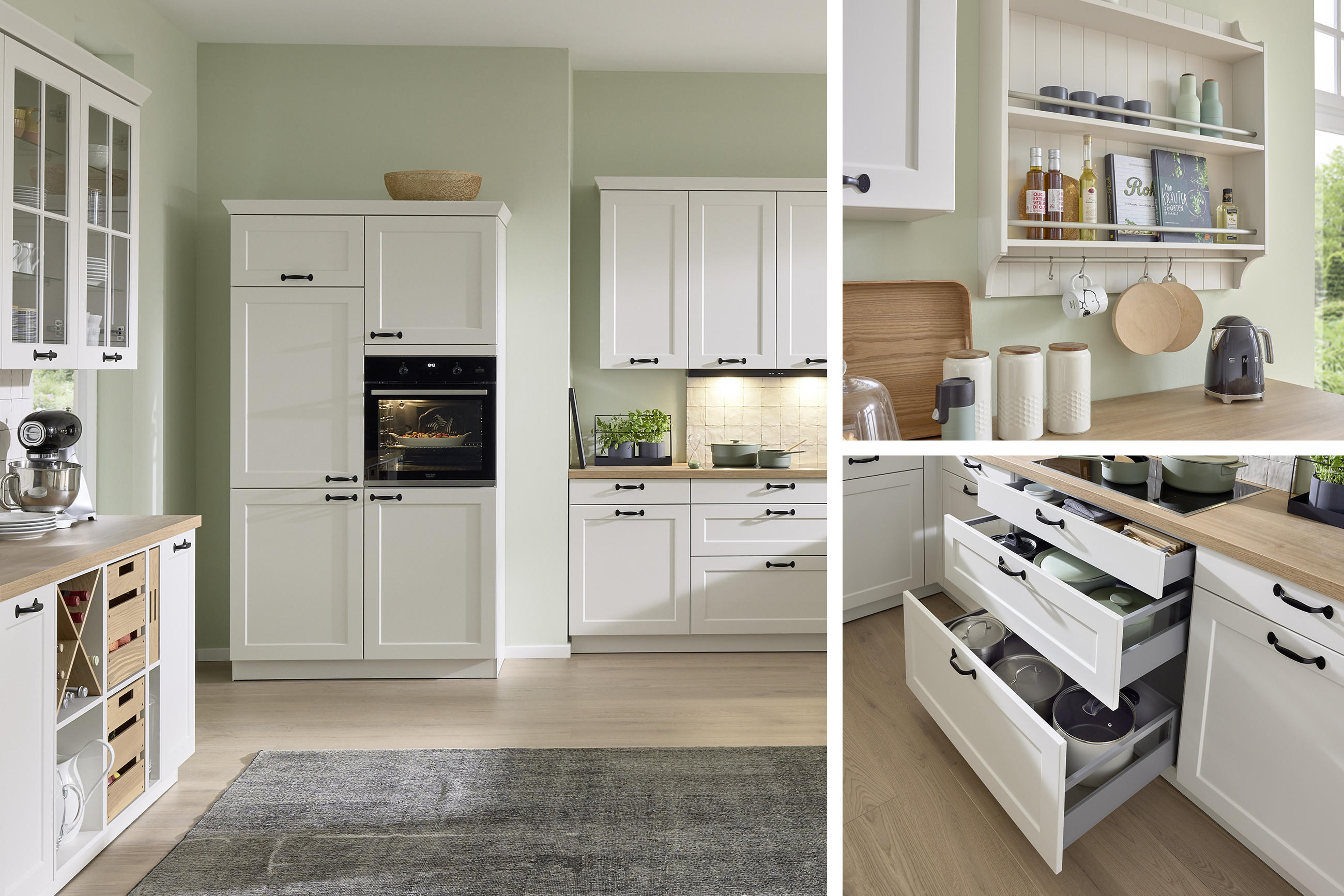 Dreier Collage mit Details und Funktionen einer klassischen Landhausküche in hellen Naturfarbtönen, kombiniert mit Pastellfarben an der Wand und abgerundet mit Holzelementen.
