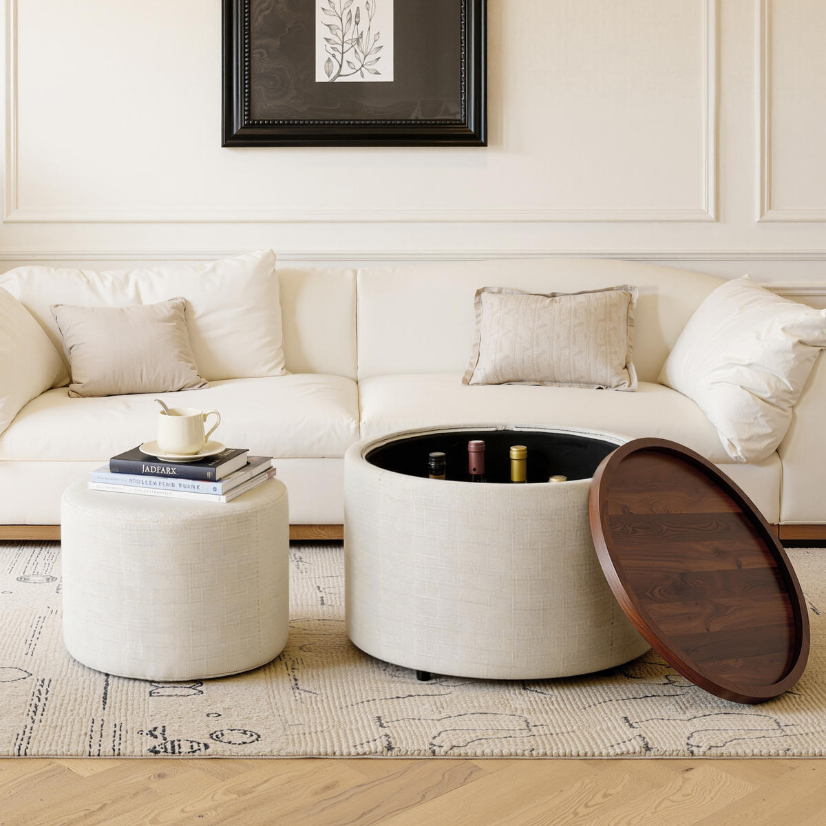 COUCHTISCH aus Leinen 58x58x38 cm in Beige mit Stauraum & Holzablage - Beige, Textil (58/58/38cm) - Modfu