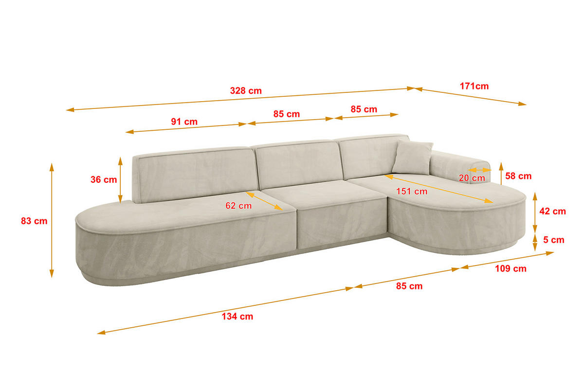ECKSOFA Ottomane Rechts MARI-L2-v3 - 328x171x83 cm Ecru Velours - Ecru/Schwarz, Holzwerkstoff/Kunststoff (171/328cm) - ALTDECOR