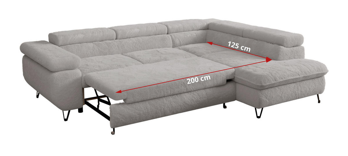 ECKSOFA PETER L Hellgrau Plüsch - Rechts Seite - Hellgrau/Schwarz, Textil/Metall (273/208cm) - MKS