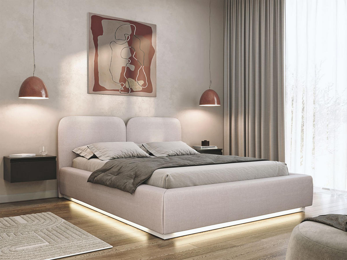 POLSTERBETT Comoves 140x200 Hellbeige mit Chenillebezug und LED - Ecru, Textil (140/200cm) - Selsey