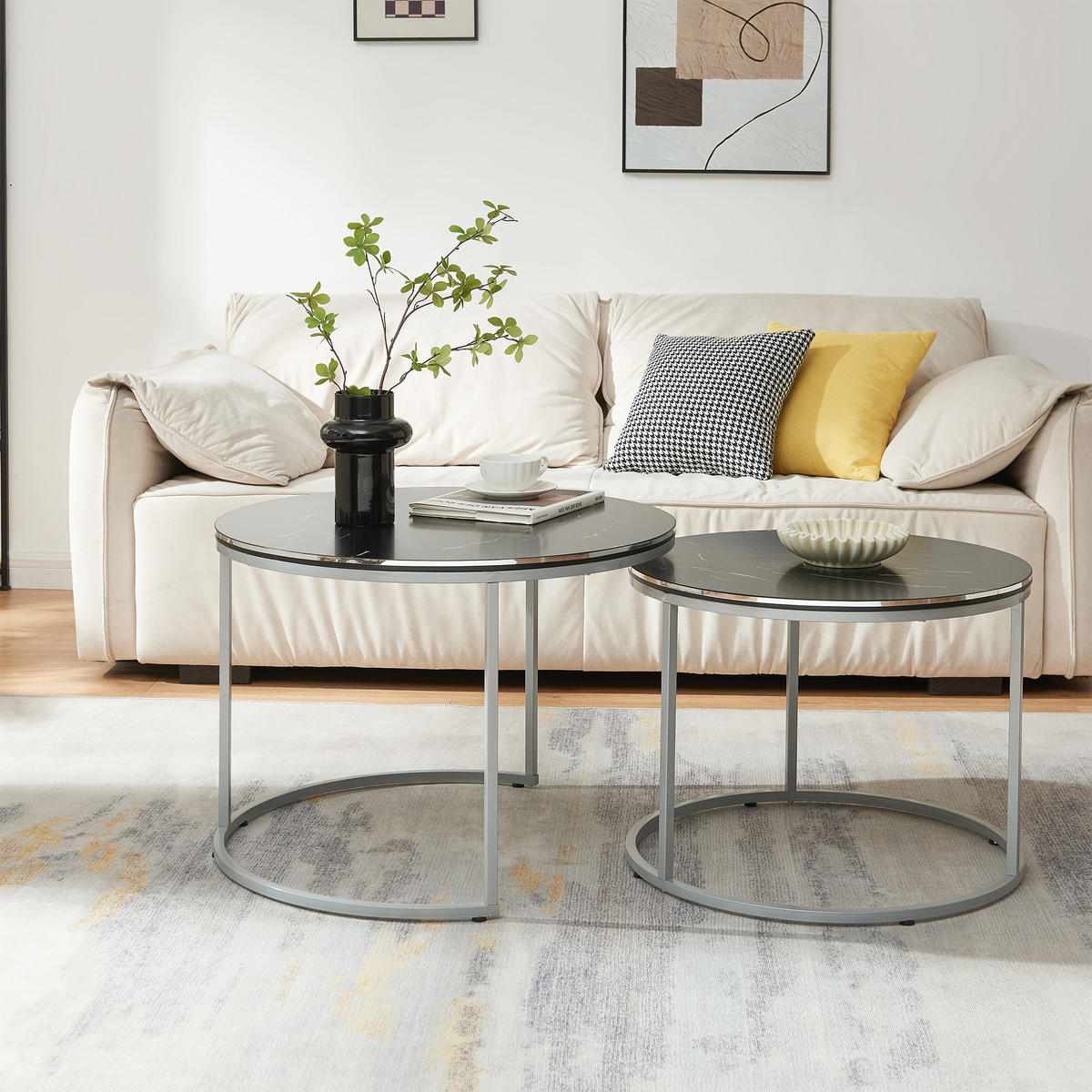 SADA KAVANOVÝCH STOLKŮ Skagen 2dílná 70/70/50 cm - černá/stříbrná, kompozitní dřevo (70/70/50cm) - [en.casa]