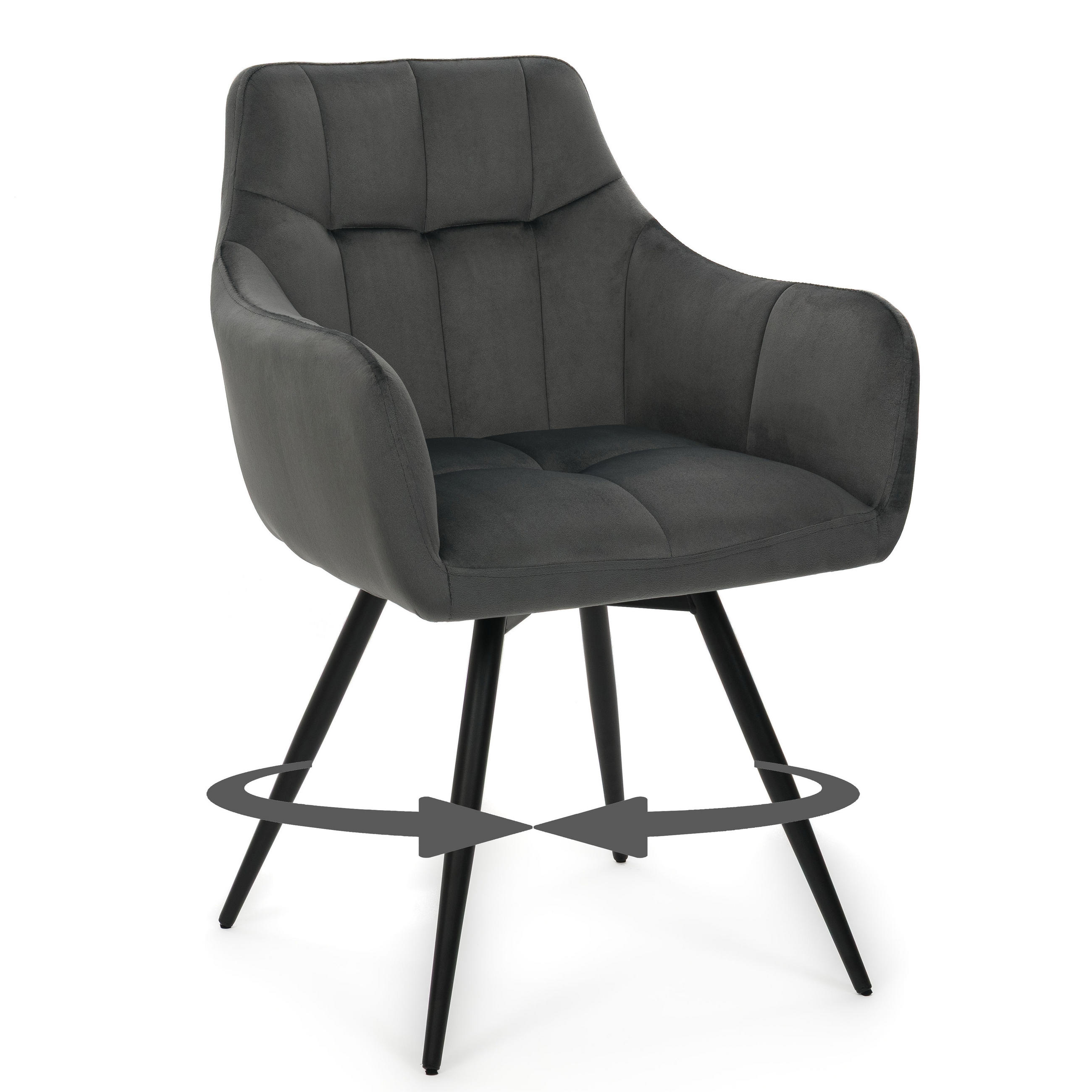 STUHL FANO drehbar gepolsterter mit Steppung - grau - Velour - Schwarz/Grau, Textil/Metall (58/83/59cm) - NEW HOME