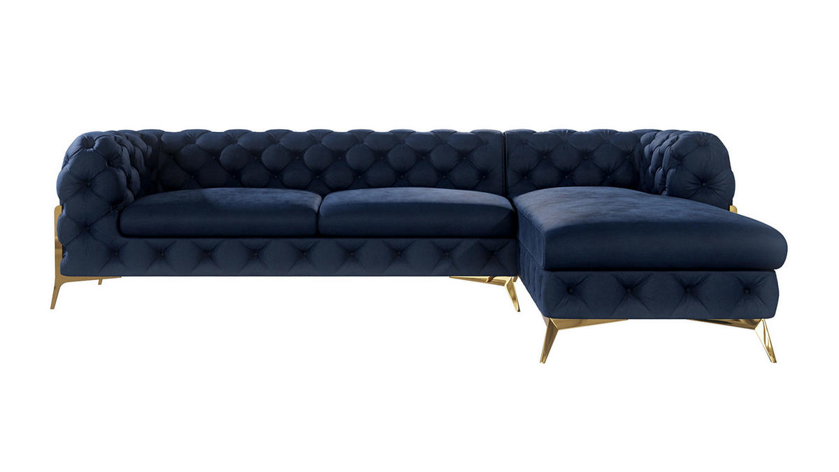 ECKSOFA Chesterfield Lexi Marineblau Samt, Ottomane rechts - Goldfarben/Dunkelblau, Holz/Textil (305/200cm) - S-Style Möbel