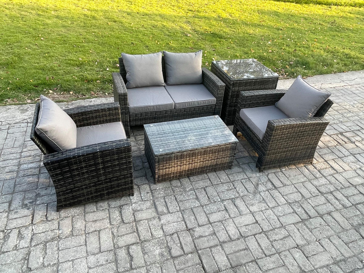 GARTENGARNITUR Polyrattan Dunkelgrau 9-Sitzer - Dunkelgrau, Metall - Fimous