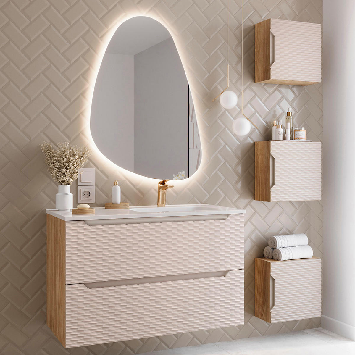 WASCHTISCH 90cm Elora Beige und Holz - Braun, Holzwerkstoff (90/57/46cm) - Petits-meubles