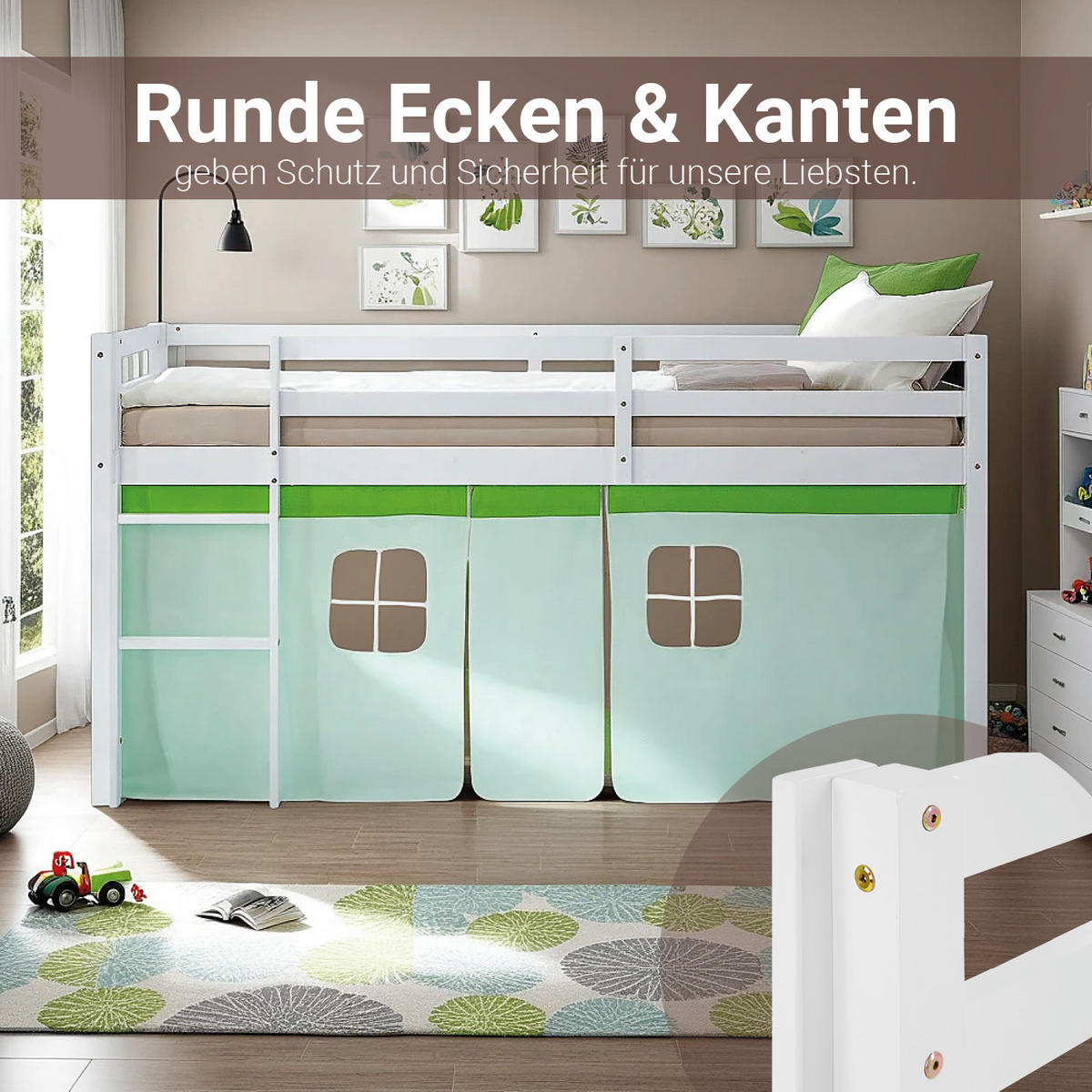 HOCHBETT 90/200 cm in weiß mit Lattenrost + Bettvorhang Grün - Weiß/Grün, Holz - Homestyle4u