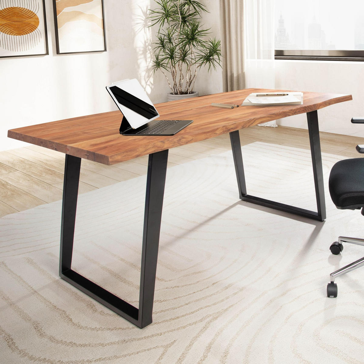 SCHREIBTISCH Massivholz Baumkante U-Gestell Handarbeit ATOLL, Goldbraun-Schwarz 140x80x76 cm - Schwarz/Braun, Holz/Metall (80/140/76cm) - KADIMA DESIGN