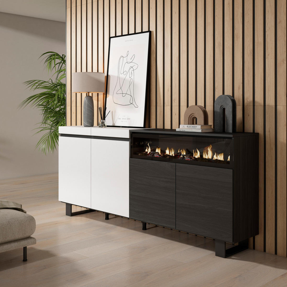 SIDEBOARD Elektrokamin, weiß und schwarz, 200/35/87cm - Multicolor/Schwarz, Holzwerkstoff (200/87/35cm) - Skraut Home