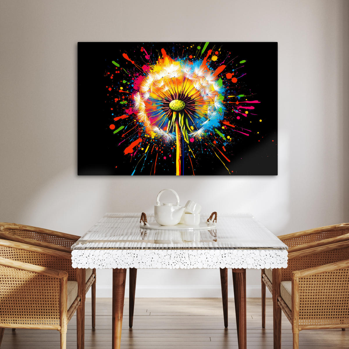 LEINWANDBILD Löwenzahn - Graffiti - Farbenfroh - Blumen - Natur Wohnzimmer 120x80 cm - Multicolor, Textil (120/80cm) - MuchoWow