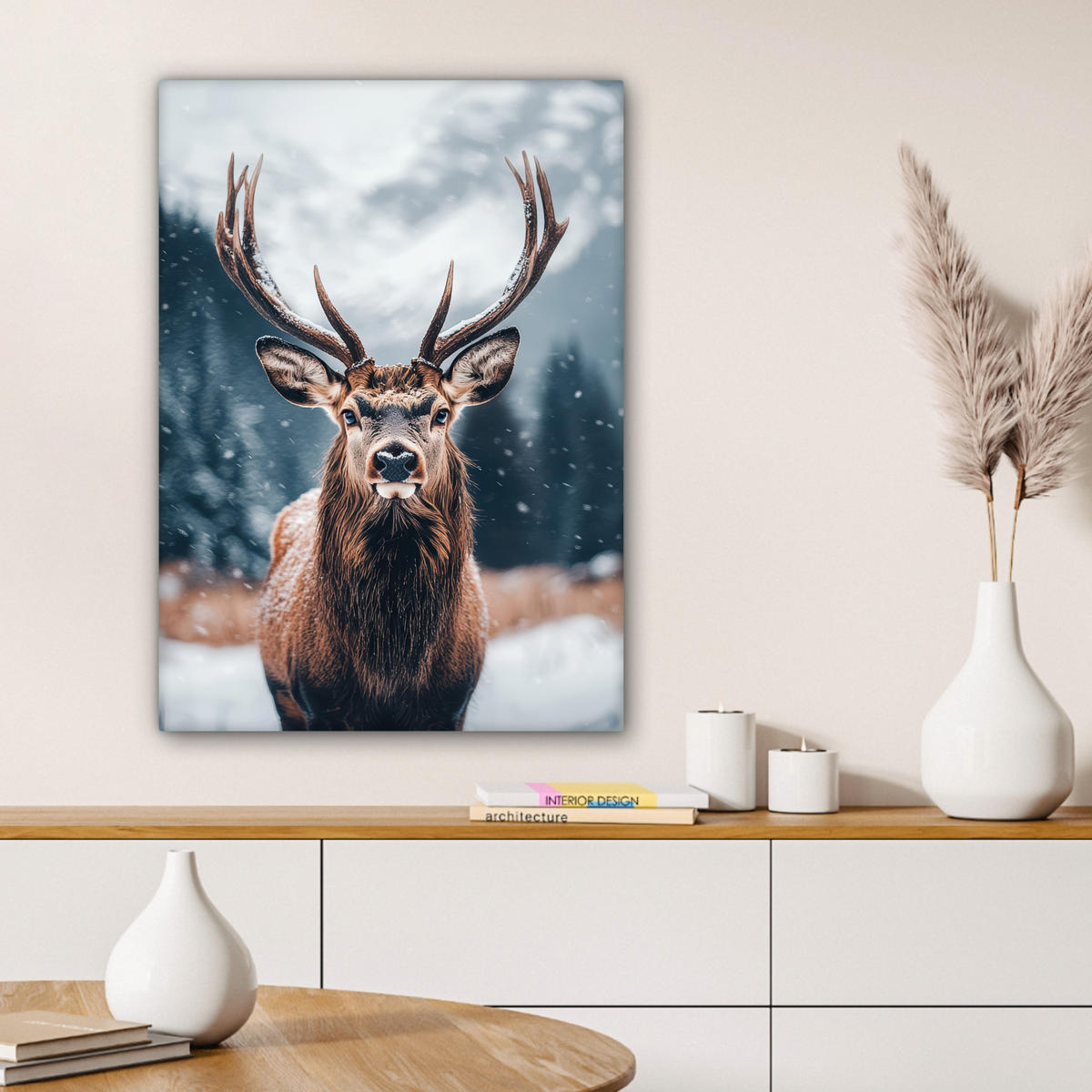 LEINWANDBILD Hirsche - Tiere - Landschaft - Winter - Schnee 60x80 cm - Kastanienfarben, Textil (60/80cm) - MuchoWow