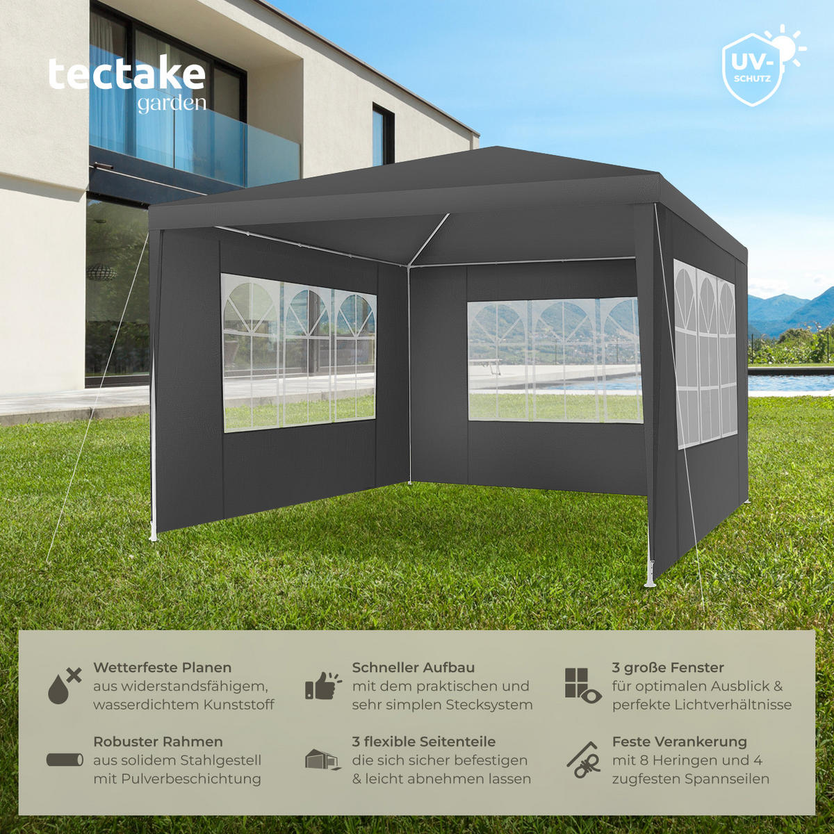 PAVILLON Barinas,wasserdicht,grau - Grau, Kunststoff (300/250/300cm) - tectake