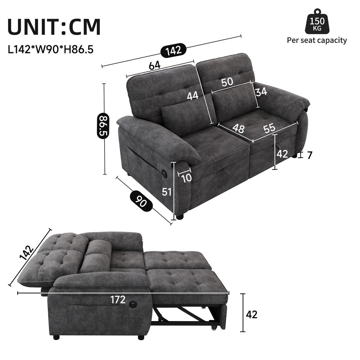 SCHLAFSOFA DE-33203 3-in-1 ausziehbar mit USB und Type-C Grau - Grau, Metall (142/86.5/90cm) - ComfortXL