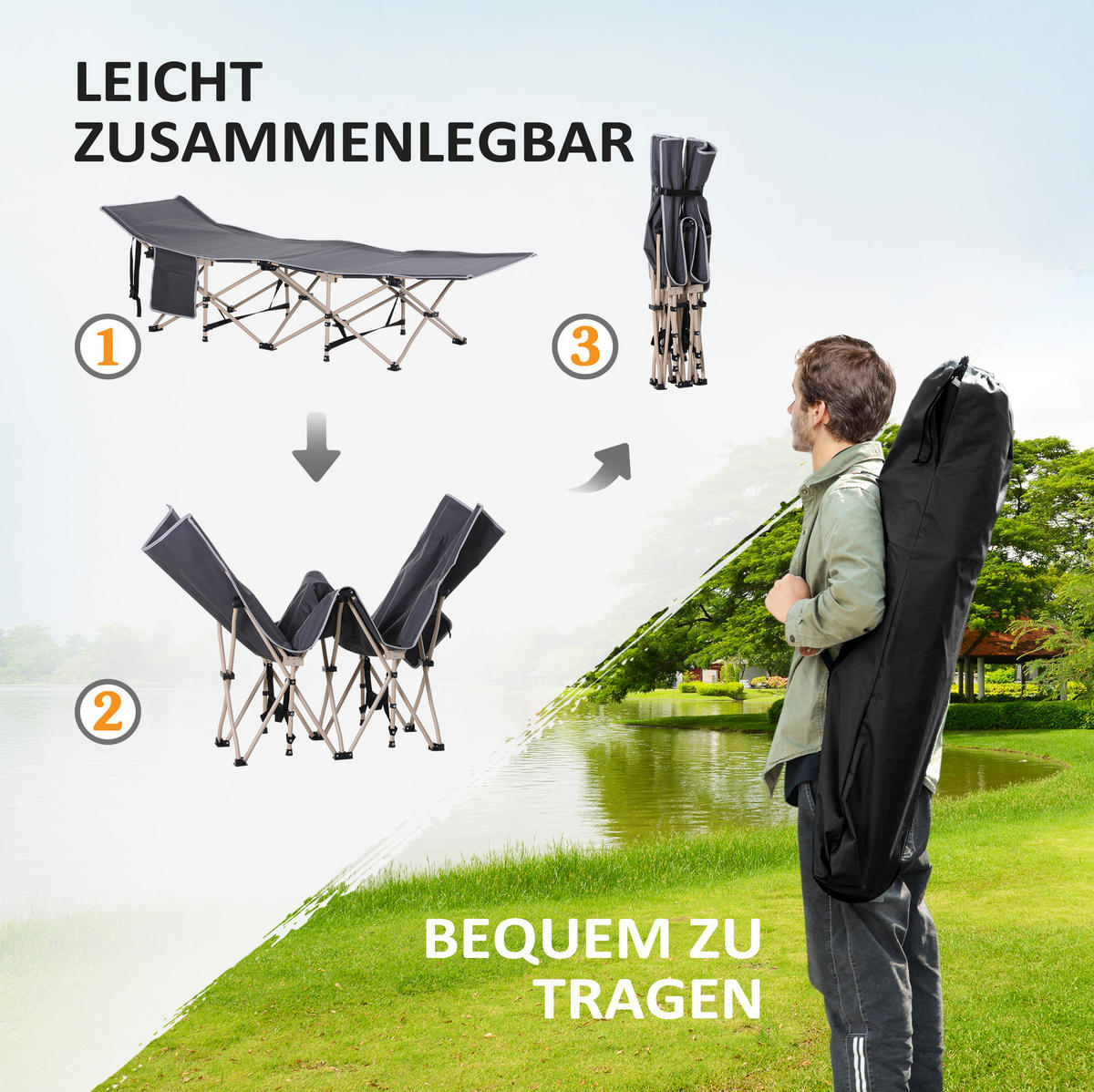 KEMPINGOVÉ lehátko 190/68/52 cm tmavě šedé z polyesteru skládací s taškou - tmavě šedá, plast (68/52/190cm) - OKWISH
