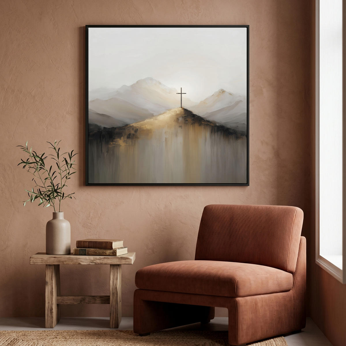 LEINWAND Bilder mit Rahmen - Hügel - Abstrakt - Kreuz - Christentum - 90x90 - Beige, Textil (90/90cm) - MuchoWow