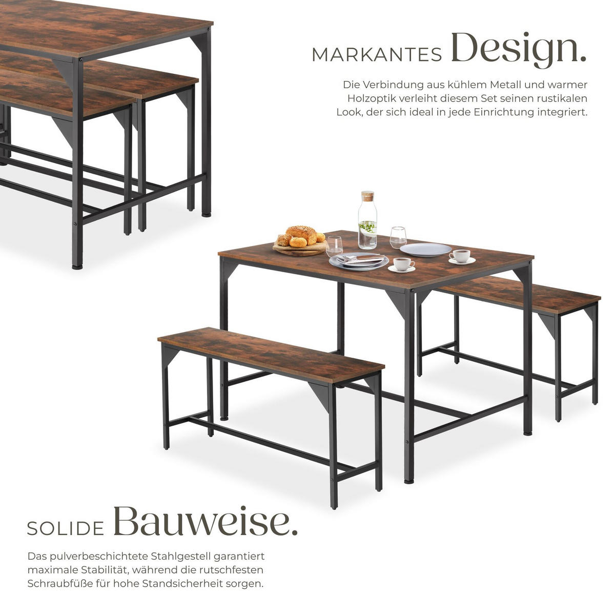 SITZGRUPPE Bolton, mit höhenverstellbaren Kunststofffüßen, Industrial Holz dunkel, rustikal - Rostfarben, Holz (130/75/100cm) - tectake