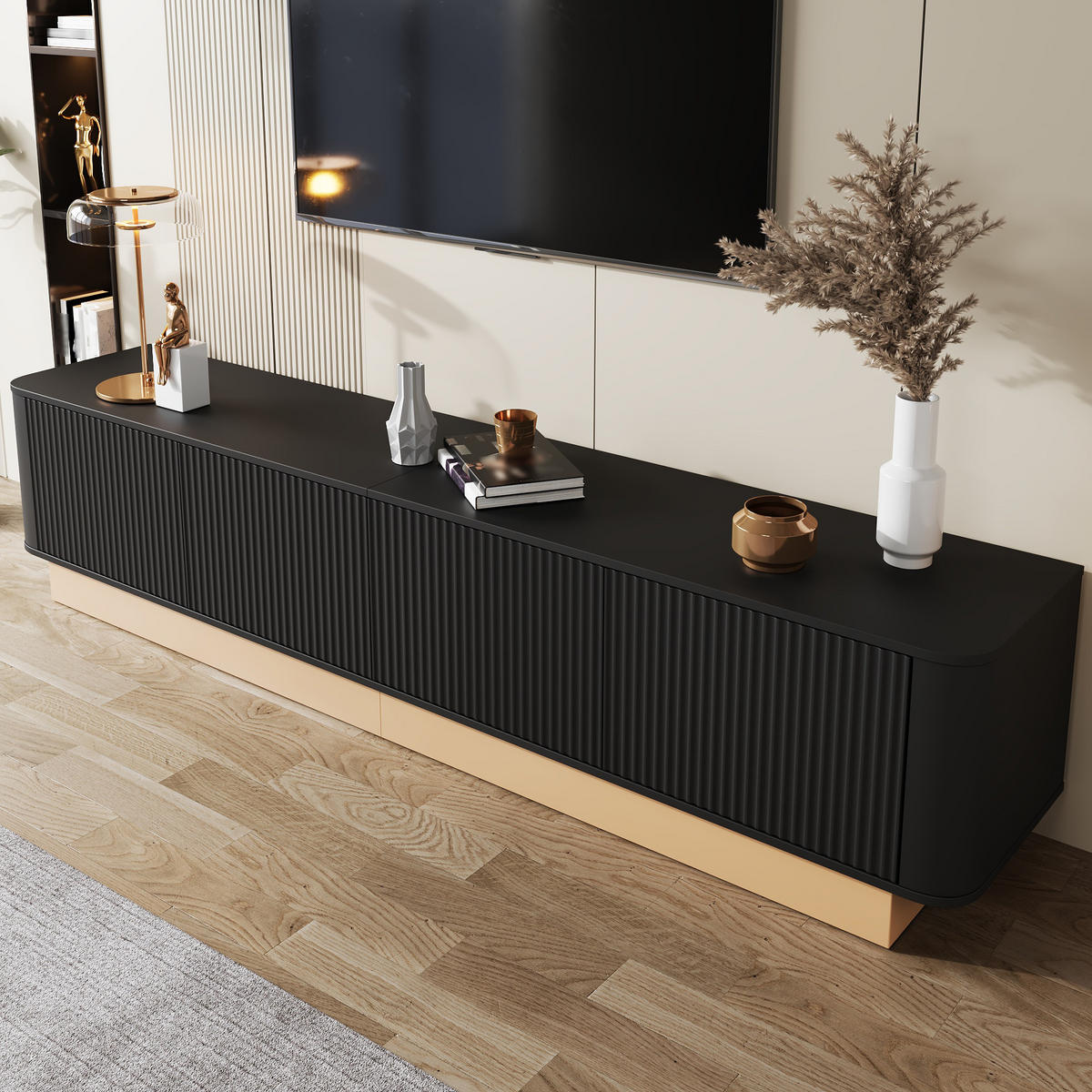 TV-LOWBOARD 200 cm geriffelt 4 Türen - Schwarz, Holz (200/47.5/40cm) - LEBENLANG