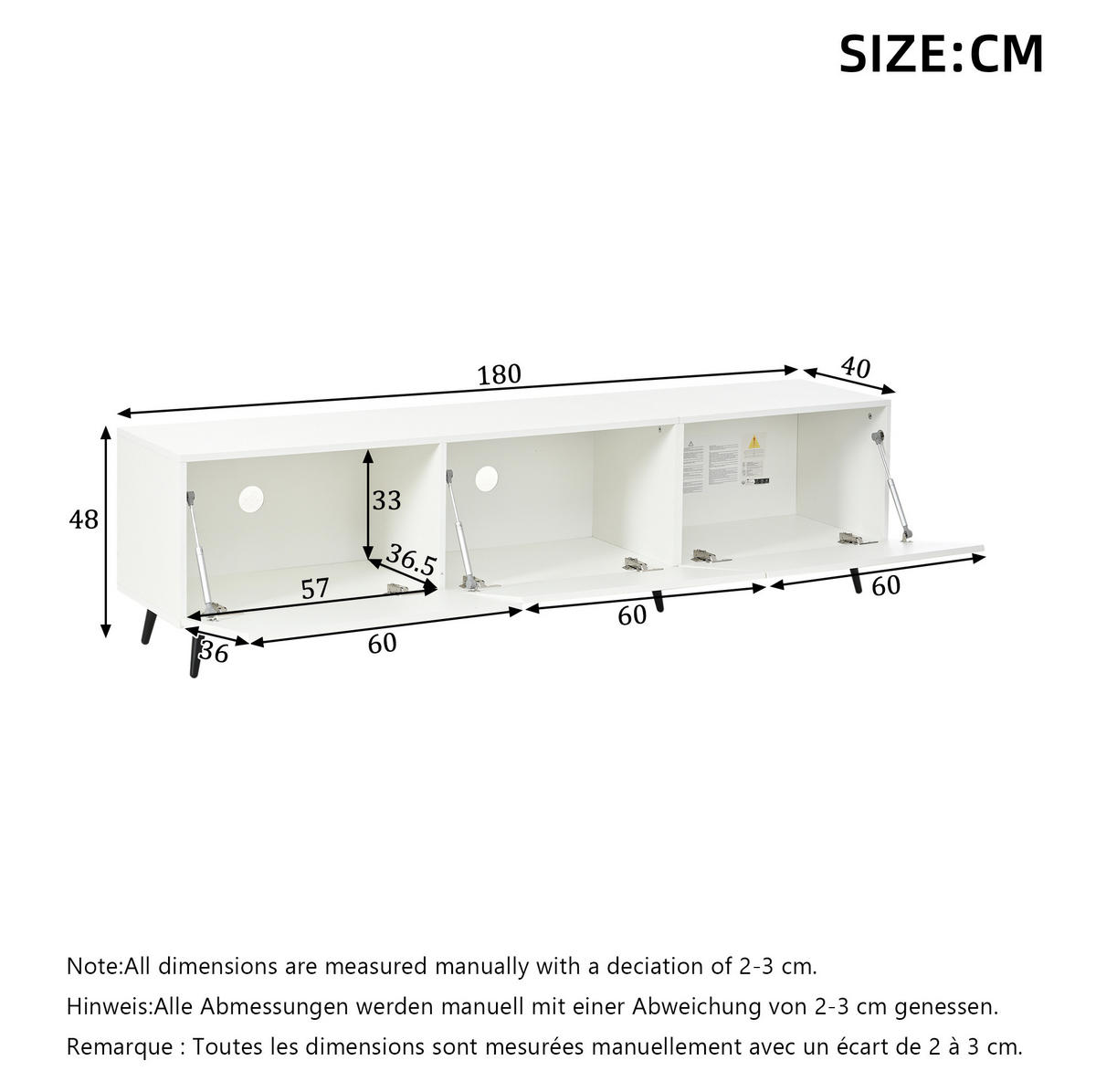 TV-ELEMENT mit 3 Klapptüren 180 x 40 x 48 cm MDF White - Weiß, Holzwerkstoff (40/48/180cm) - Beauniv