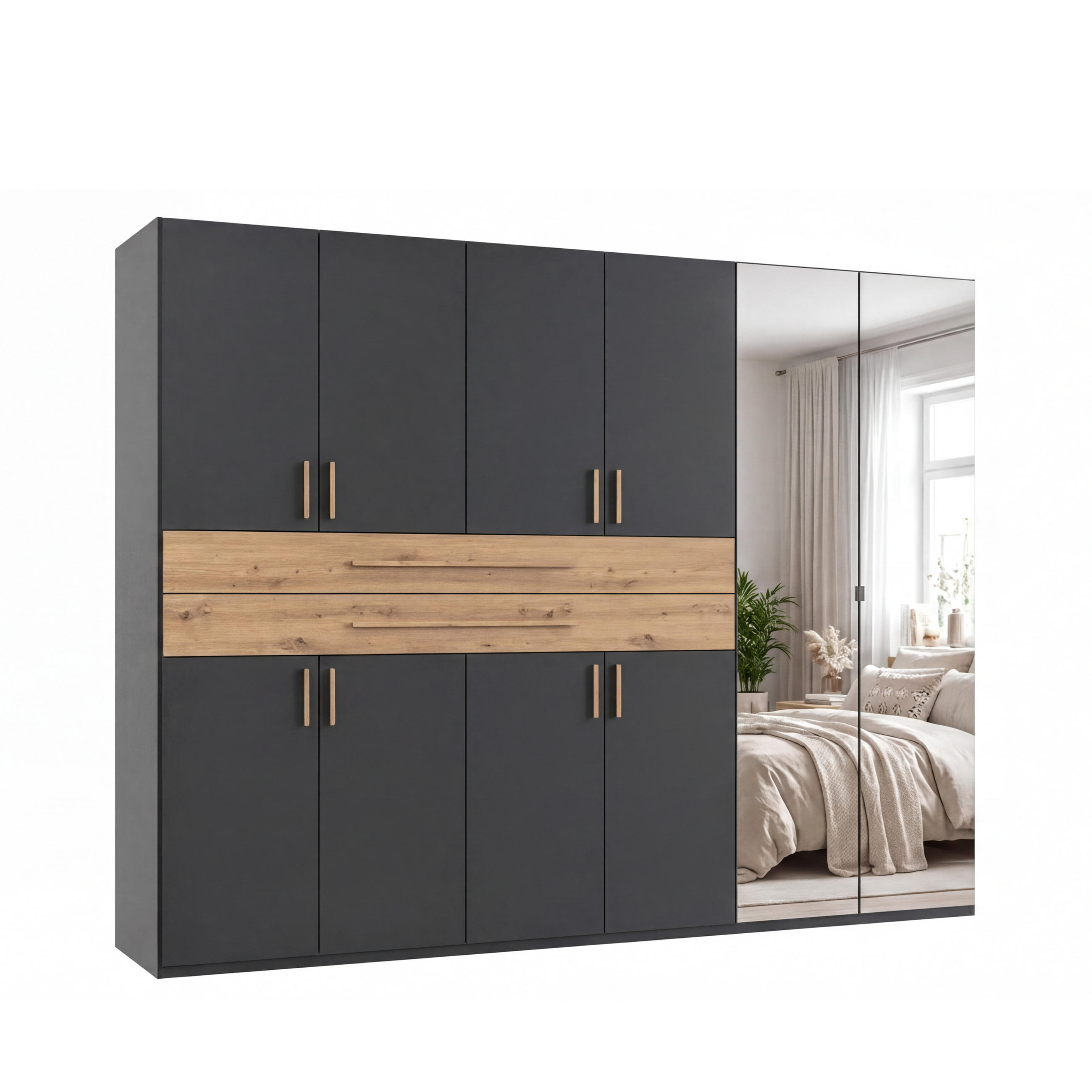 luma-home SKŘÍŇ S OTOČNÝMI DVEŘMI B270/H208/T58 cm v barvě grafit, šatní skříň se 2 zrcadlovými dveřmi, 2 zásuvkami a úchytkami v dekoru dub Artisan /