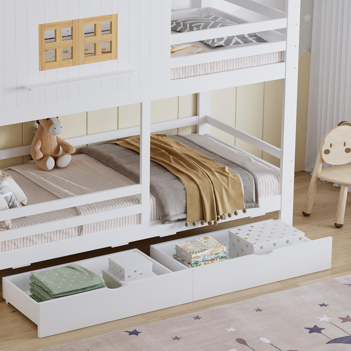 ETAGENBETT 90/200 cm in Weiß & Natur Kinderbett mit 2 Schubladen und Dach - Weiß, Holzwerkstoff (90/200cm) - STILVORA