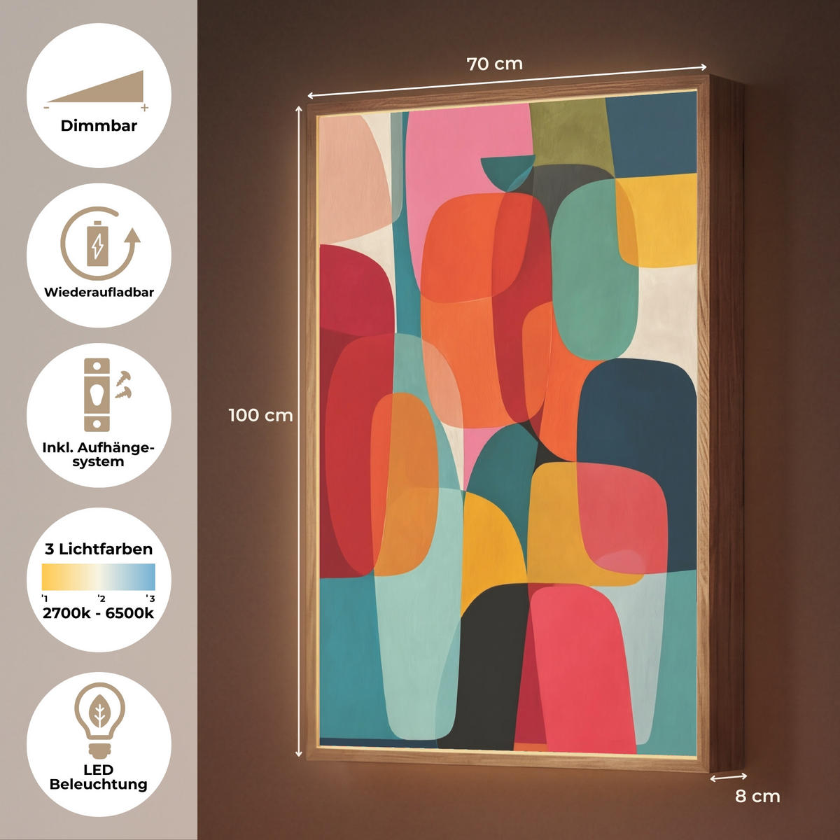 NÁSTĚNNÁ LAMPA S AKUMULÁTOREM Tvary - barevné - abstraktní - letadla 70x100 cm - různobarevná, kompozitní dřevo (70/100/8cm) - OnlyWow
