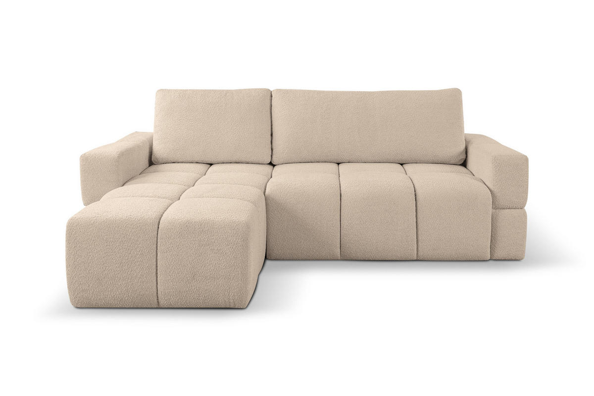 ECKSOFA LUSSO mit Schlaffunktion und Bettkasten, Farbe: Hellbraun, Bouclé-Stoff, Ottomane Universal - Hellbraun, Textil (255/165cm)