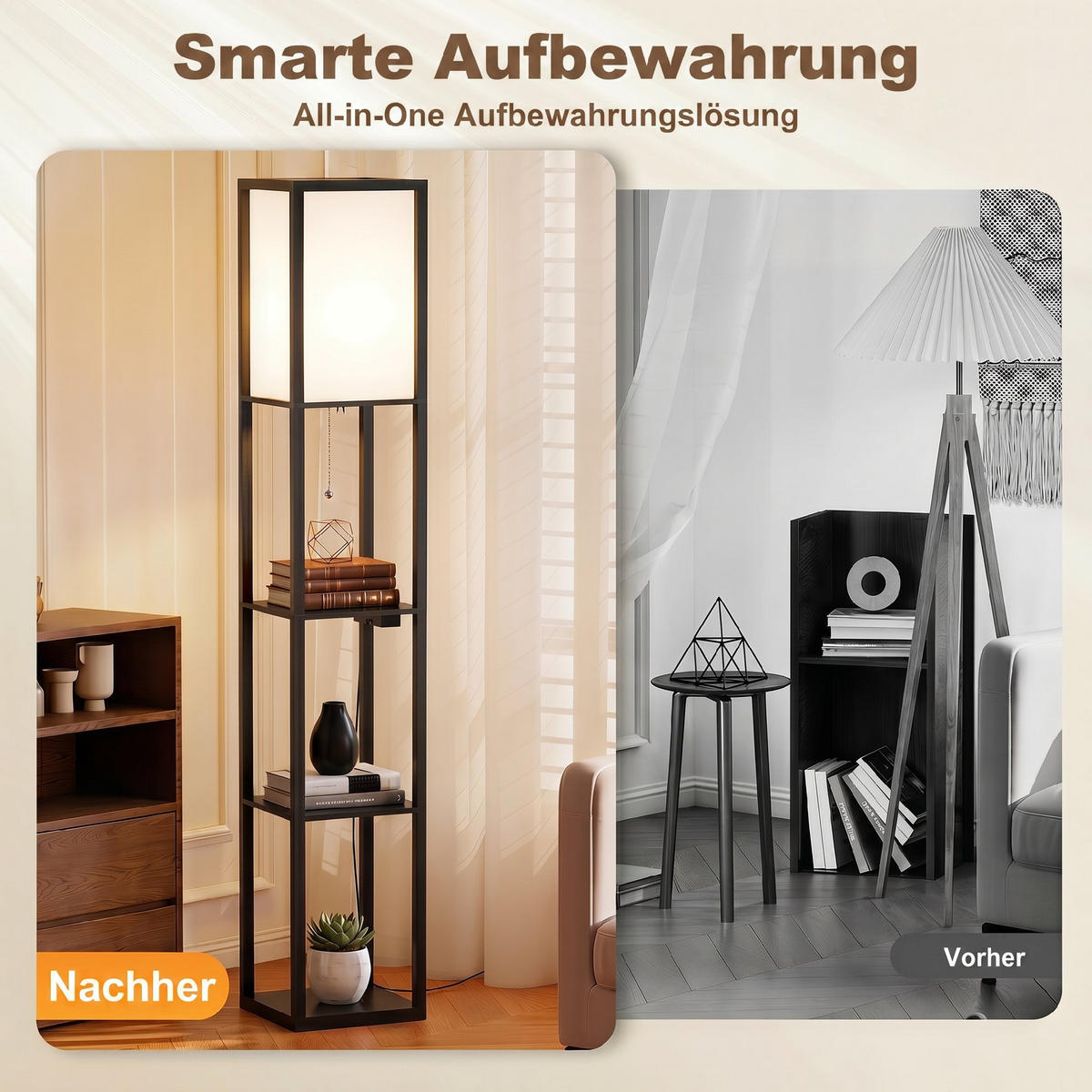 STEHLEUCHTE mit Ablagen MDF Schwarz - Schwarz, Holzwerkstoff (26/26/161cm) - HOMCOM