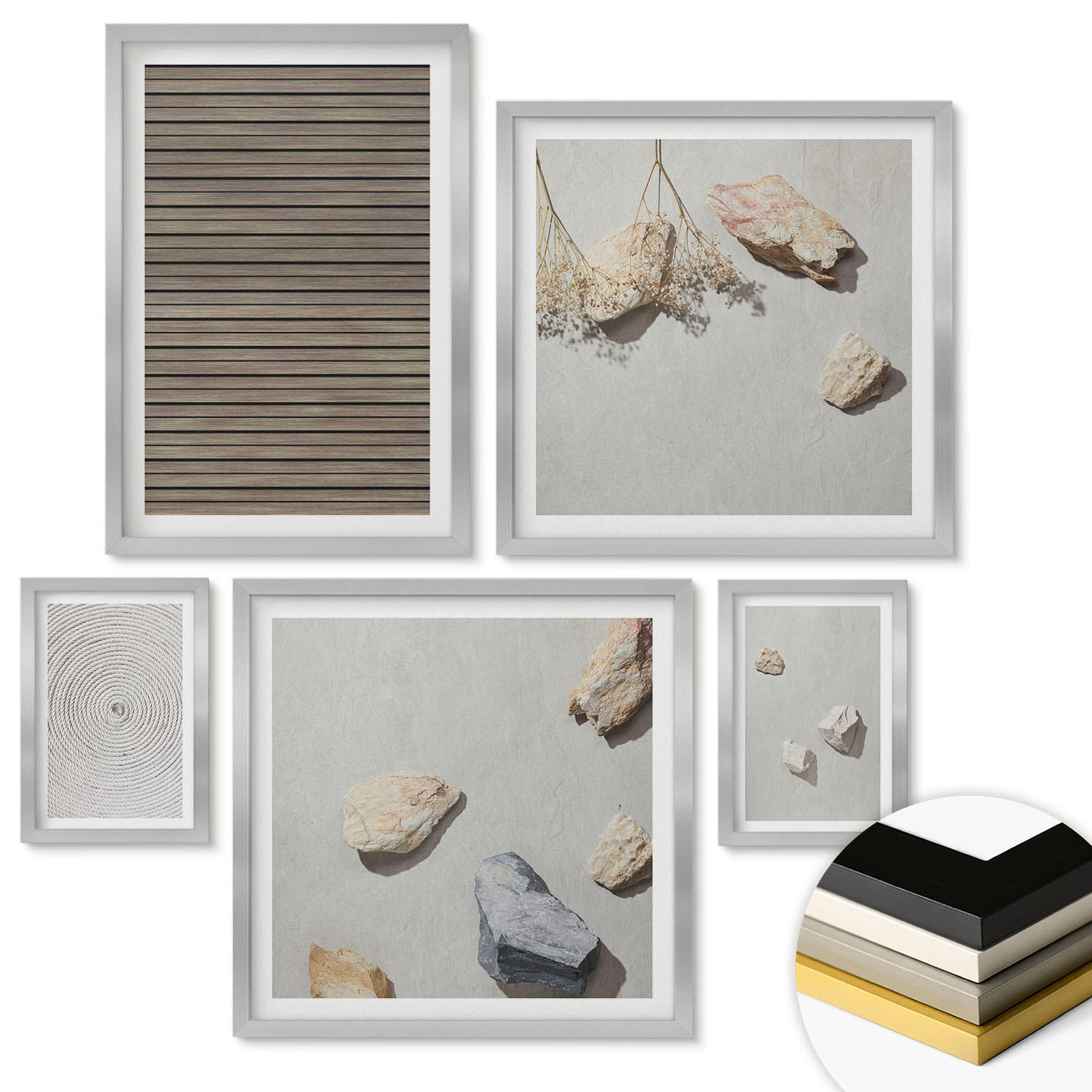 WANDBILDER 5er Set - 50x50 cm & 20x30 cm & 40x60 cm Silberner Rahmen - Natürliche Texturen Holz Steine - Silberfarben, Kunststoff (40/60cm) - ArtPrintCave