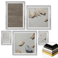 WANDBILDER 5er Set - 50x50 cm & 20x30 cm & 40x60 cm Silberner Rahmen - Natürliche Texturen Holz Steine - Silberfarben, Kunststoff (40/60cm) - ArtPrintCave
