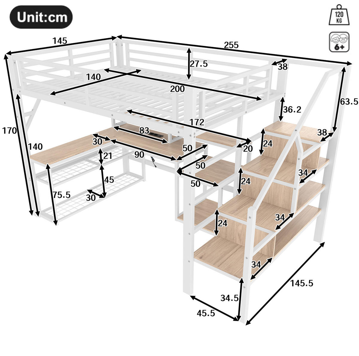 HOCHBETT mit Schreibtisch 140/200 cm in Weiß – mit Stauraumtreppe und LED - Weiß, Metall (140/200cm) - BEAOK