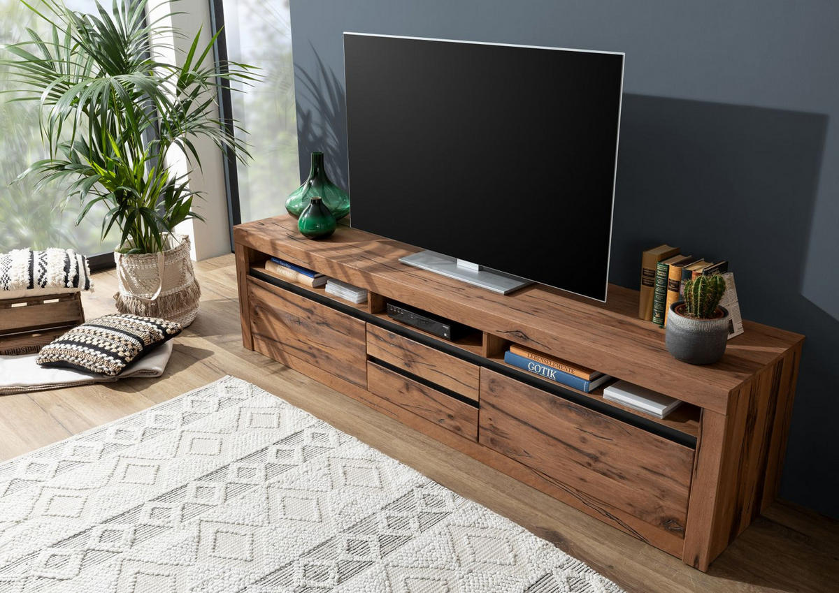TV-BOARD Wild-/Zerreiche 220x50x55 tabacco brown geölt MONTREUX #240 - Braun, Holz (220/55/50cm) - Massivmoebel24