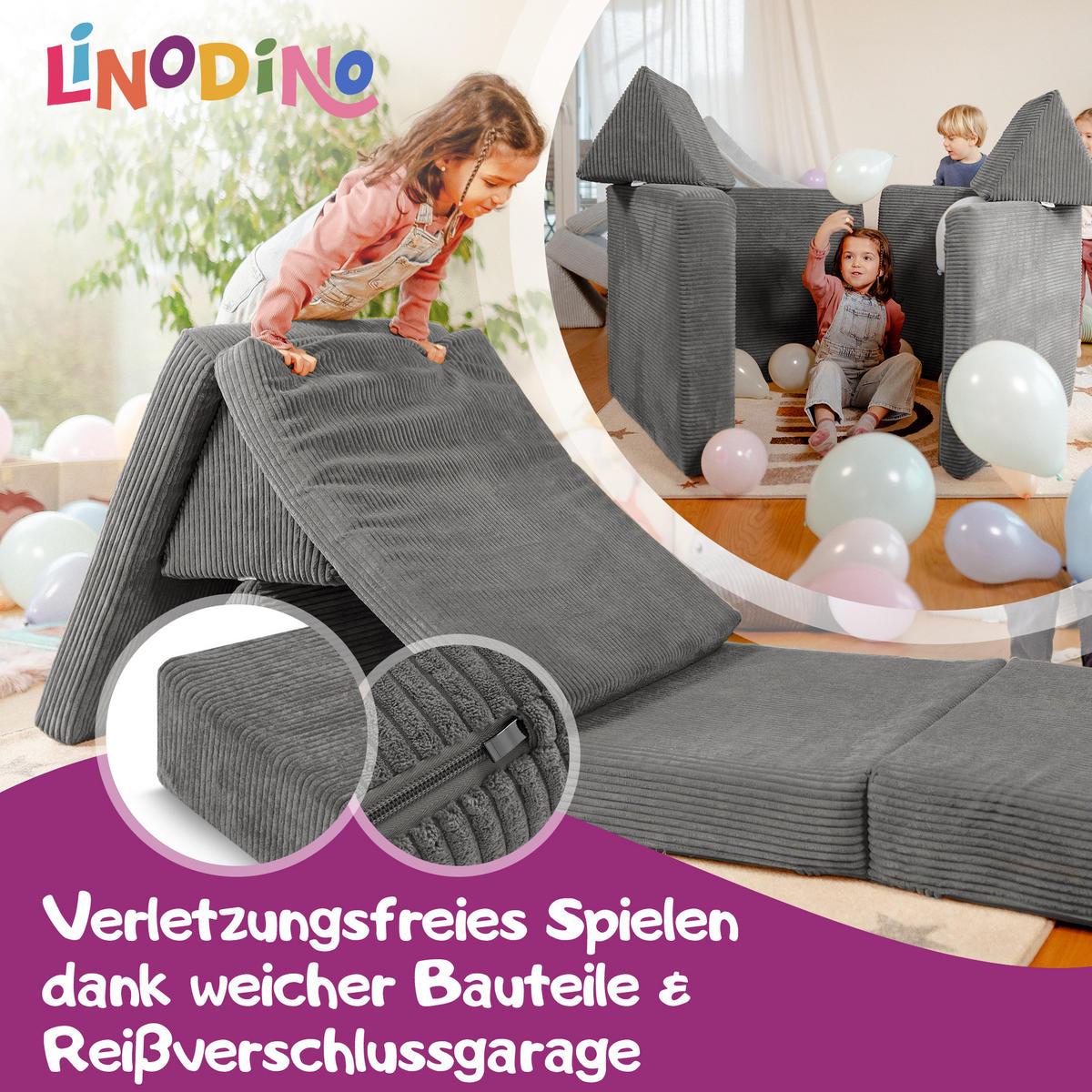 KINDERSOFA Spielparadies - Dunkelgrau, Textil (66/52/150cm) - Linodino