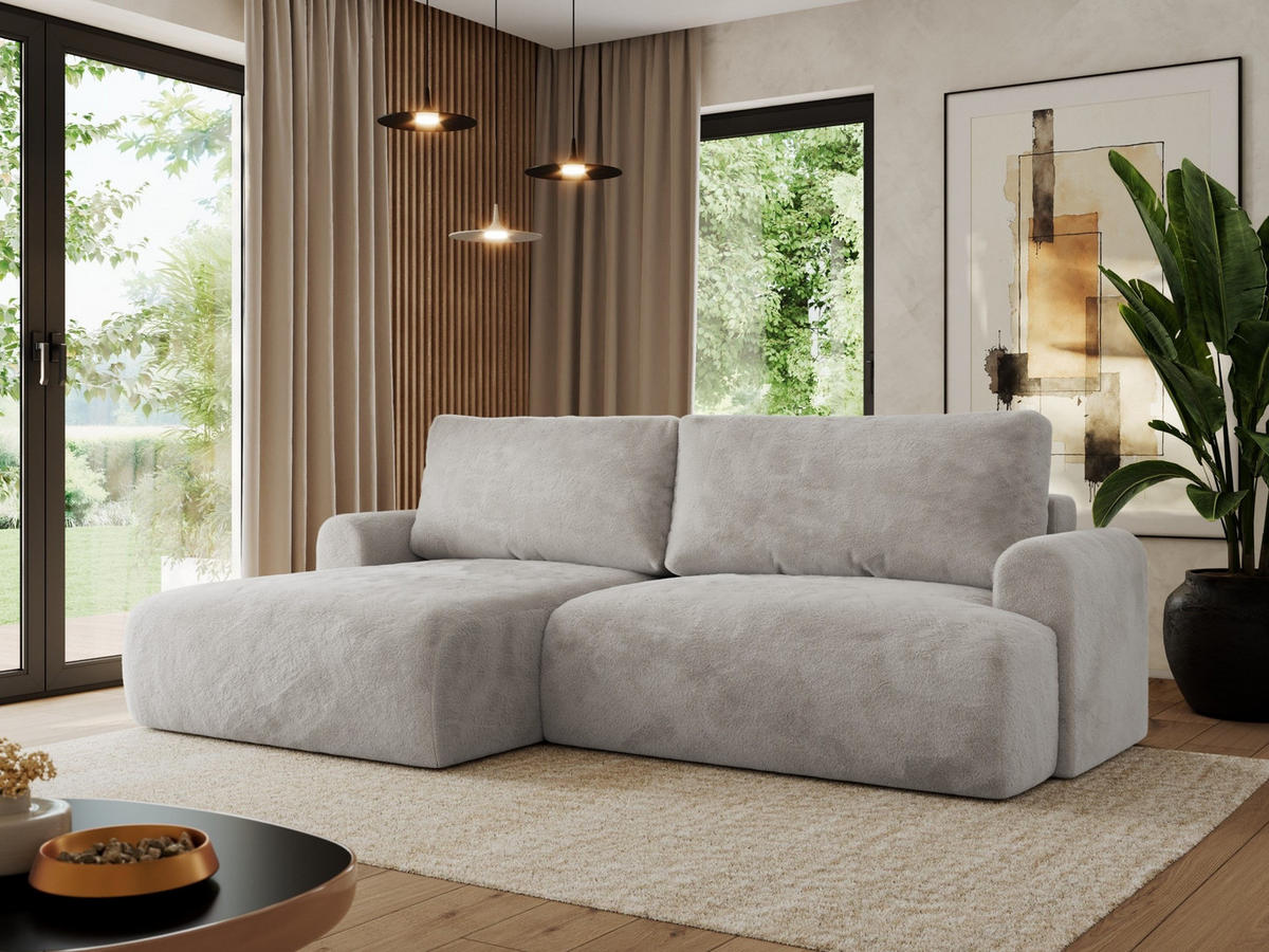 ECKSCHLAFSOFA TONO L Hellgrau Plüsch - links - Hellgrau/Schwarz, Kunststoff/Textil (260/150cm) - MKS