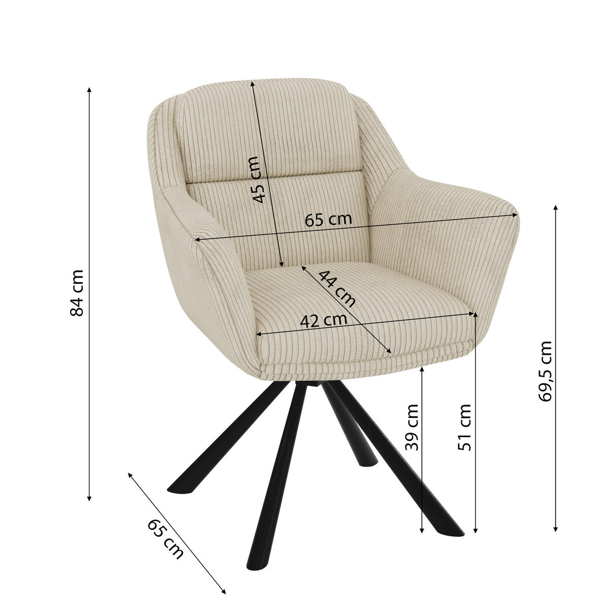ARMLEHNSTUHL Carl in Beige Cord-Stoff - Beige/Schwarz, Holz/Textil (65/84/65cm) - S-Style Möbel