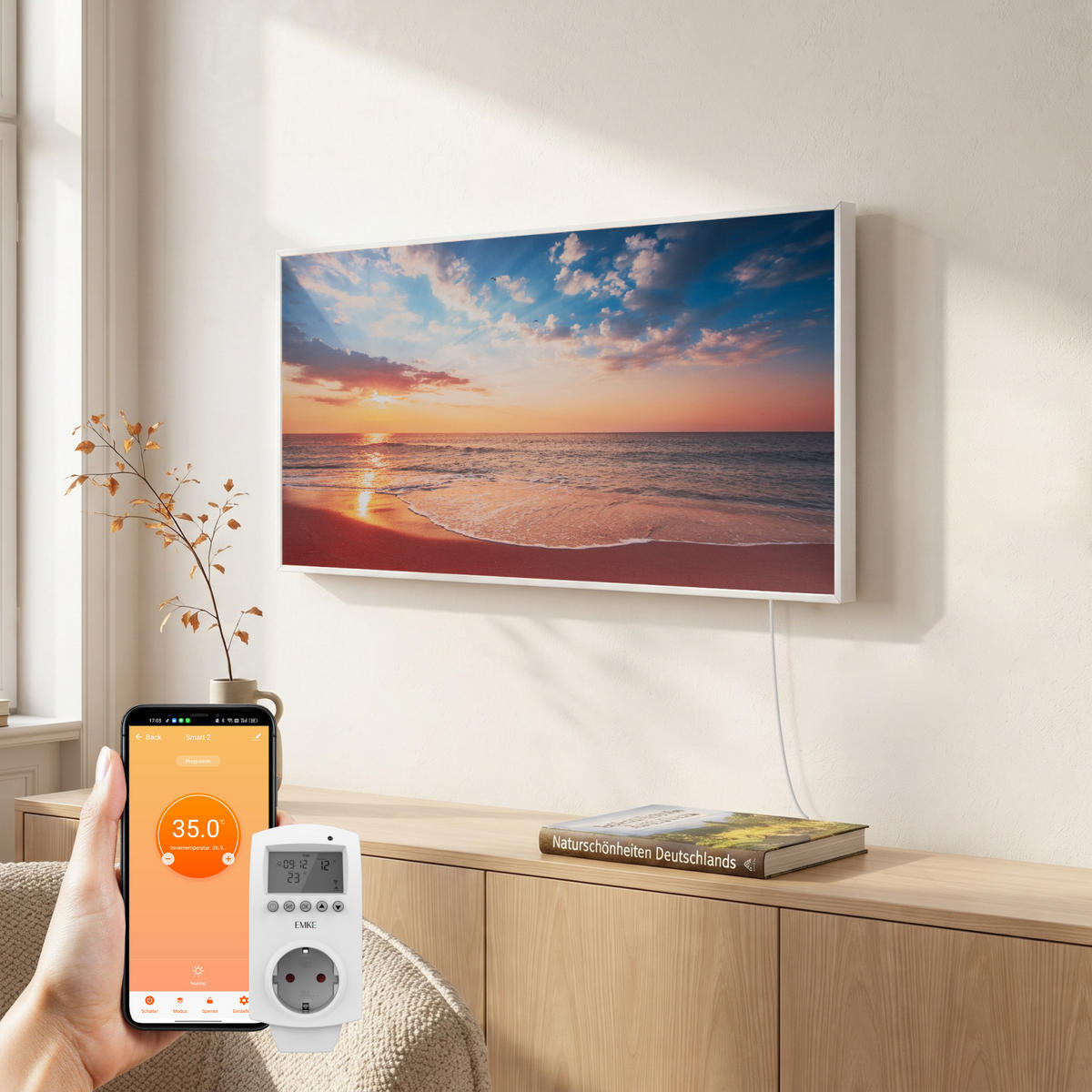 WANDKONVEKTOR elektrisch mit Landschaftsmotiv, WLAN-App-Steuerung, Thermostat, 119,5/59,5 cm - Weiß, Kunststoff/Metall (119.5/59.5/2cm) - EMKE