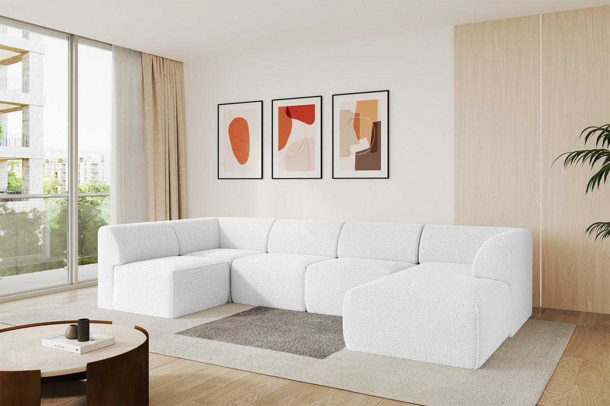 WOHNLANDSCHAFT Ottomane Rechts MOVO-L 345x180x78 cm Weiß Bouclé - Weiß, Holzwerkstoff/Kunststoff (180/78/345cm) - ALTDECOR
