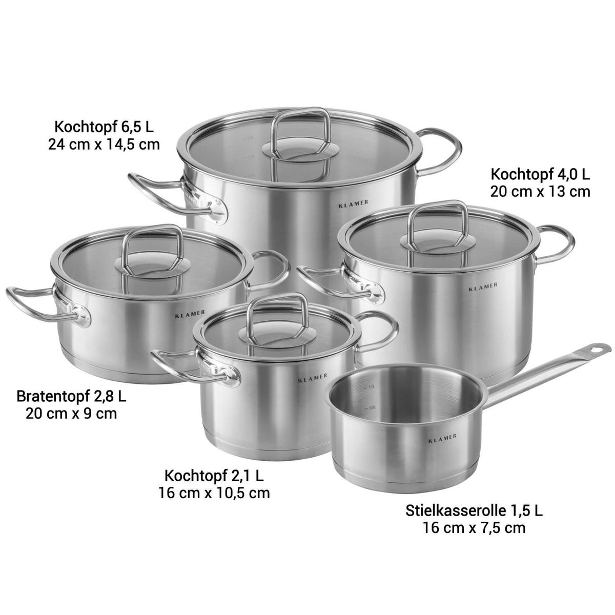KOCHTOPFSET 5-teilig Edelstahl - Edelstahlfarben, Metall - KLAMER