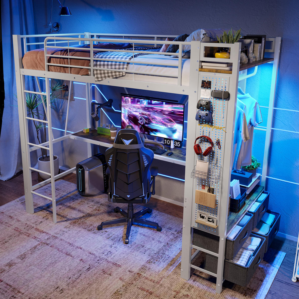 HOCHBETT 90/200 cm Eisenrahmen mit Schreibtisch und LED-Beleuchtung ohne Matratze - Weiß, Metall (90/200cm) - OKWISH