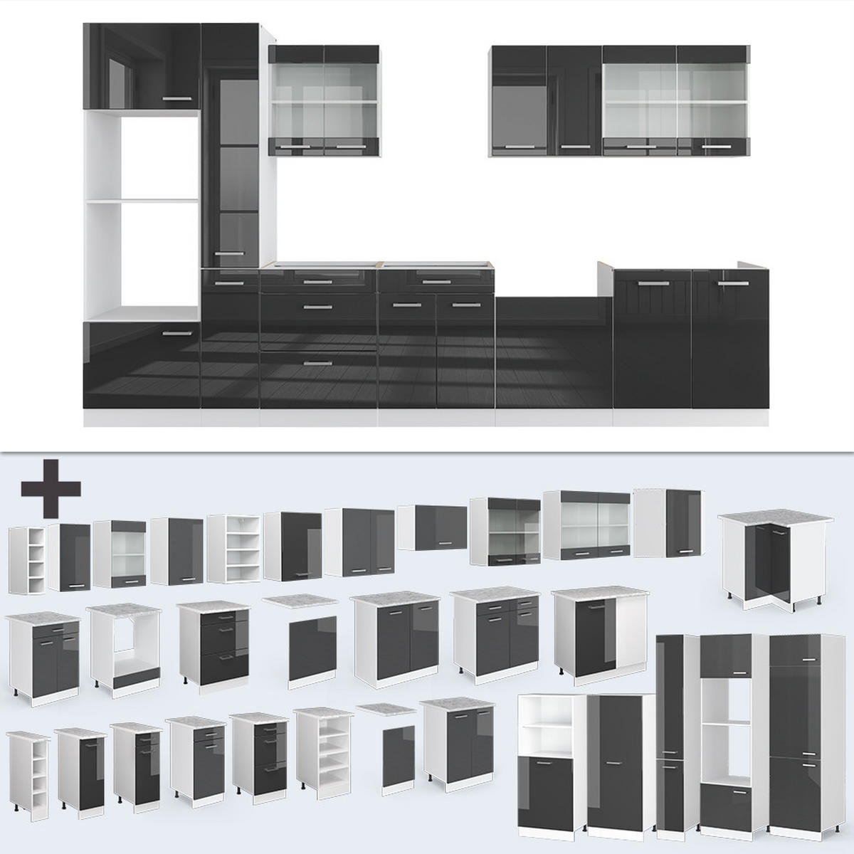 KÜCHENZEILE R-Line Anthrazit Hochglanz/Weiß 350 cm mit Hochschrank AP Marmor - Anthrazit/Weiß, Holzwerkstoff (350/81.6/60cm) - Vicco