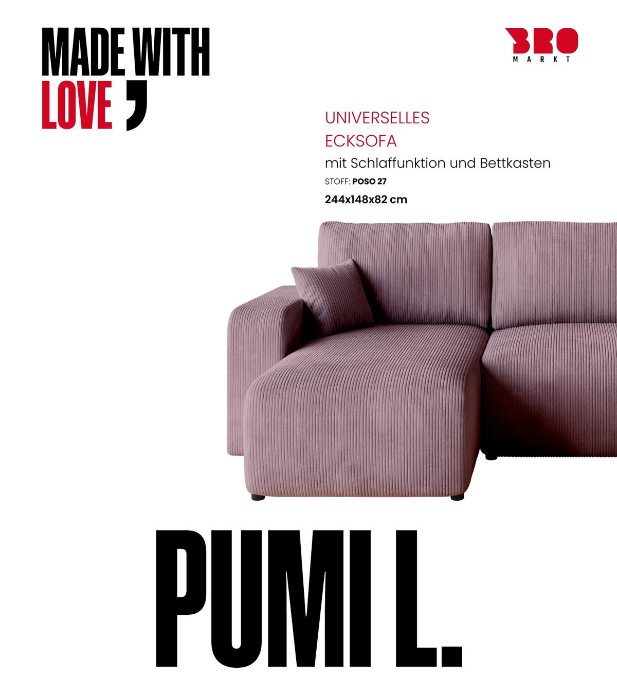 ECKSOFA PUMI mit Schlaffunktion Puderrosa Cord - Rosa, Textil (244/148cm) - Bromarkt