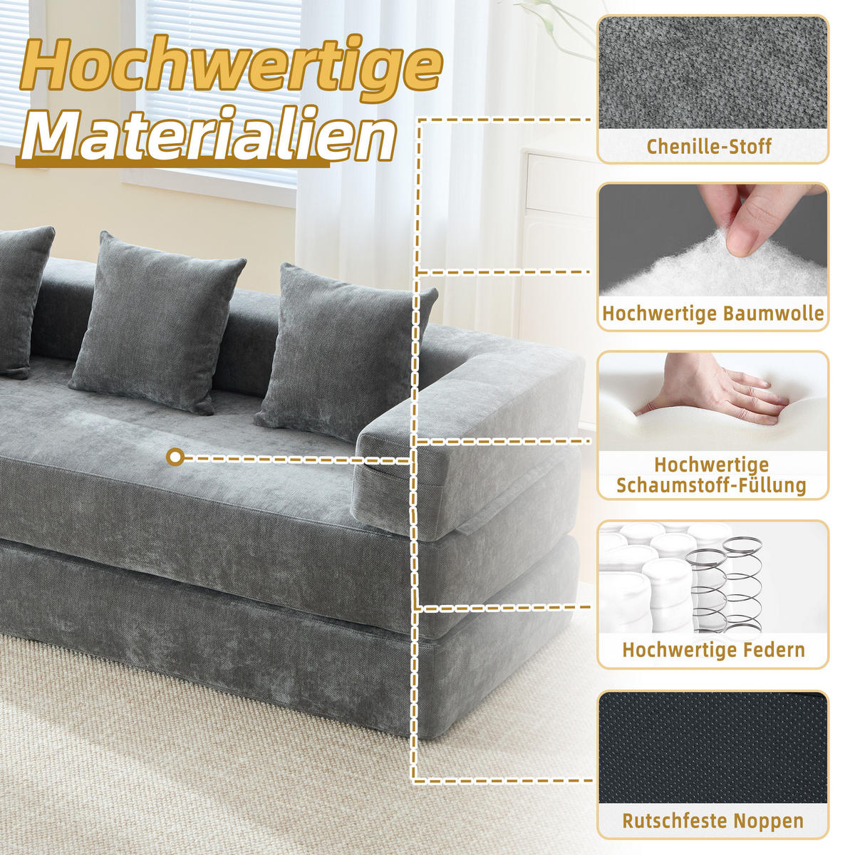 SCHLAFSOFA 198/79/60 cm Dunkelgrau mit Aufbewahrungstaschen - Dunkelgrau, Textil (198/60/79cm) - Oxeza