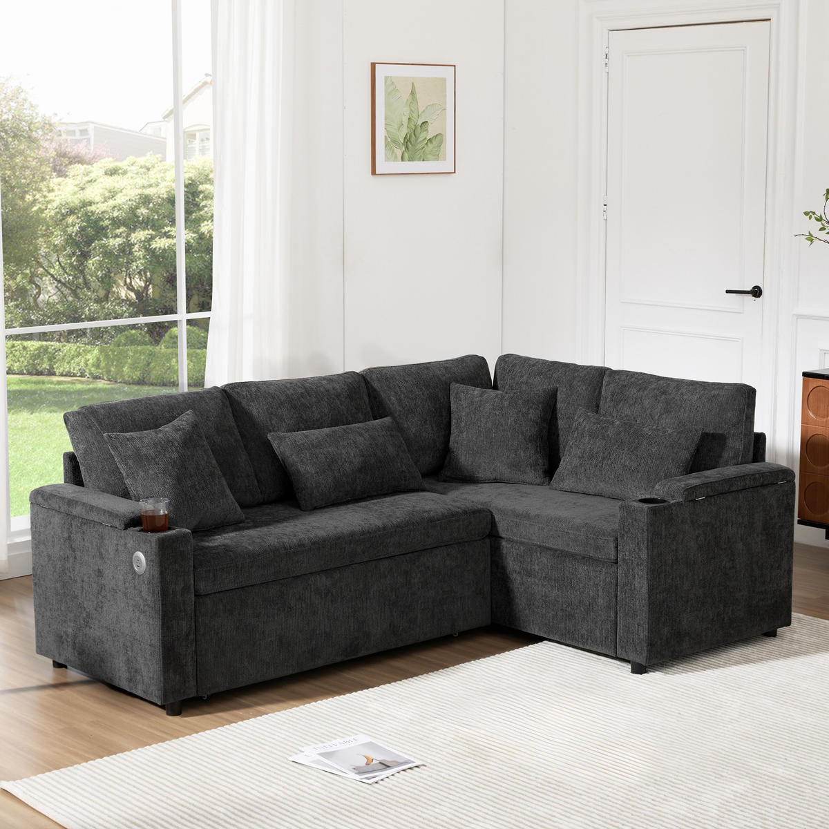 ECKSCHLAFSOFA 206.5/141/86 cm Dunkelgrau mit Stauraum, Getränkehalter, USB-Ladeanschluss und Armlehnenablage - Dunkelgrau, Textil (206.5/141cm) - Oxeza