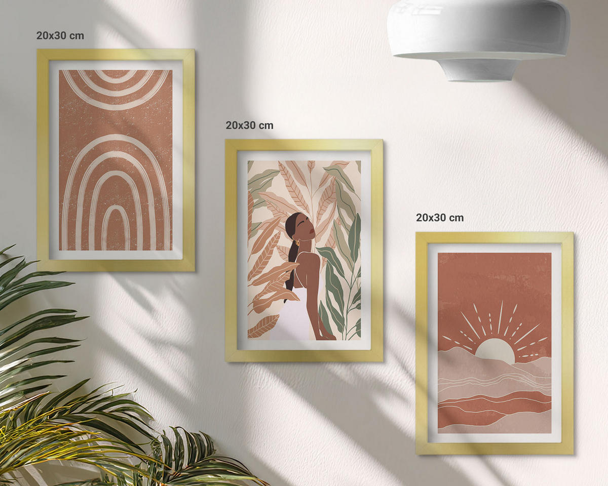 BILDER SET 3er Set - 20x30 cm Goldrahmen - abstrakte Formen im Boho-Stil - Goldfarben, Kunststoff (20/30cm) - TULUP