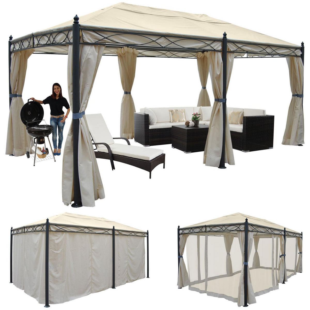 PERGOLA Cadiz 276x300x500cm Creme Seitenwand + Moskitonetz - Creme, Metall (300/276/500cm) - BERLINLODGE