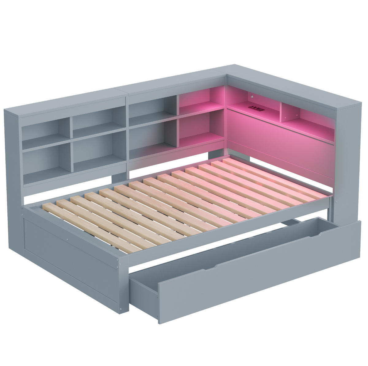 MULTIFUNKTIONSBETT aus Massivholz 140x200 cm Grau mit USB-Steckdose, LED-Beleuchtung und großem Stauraum - Grau, Holz (140/200cm) - Modfu