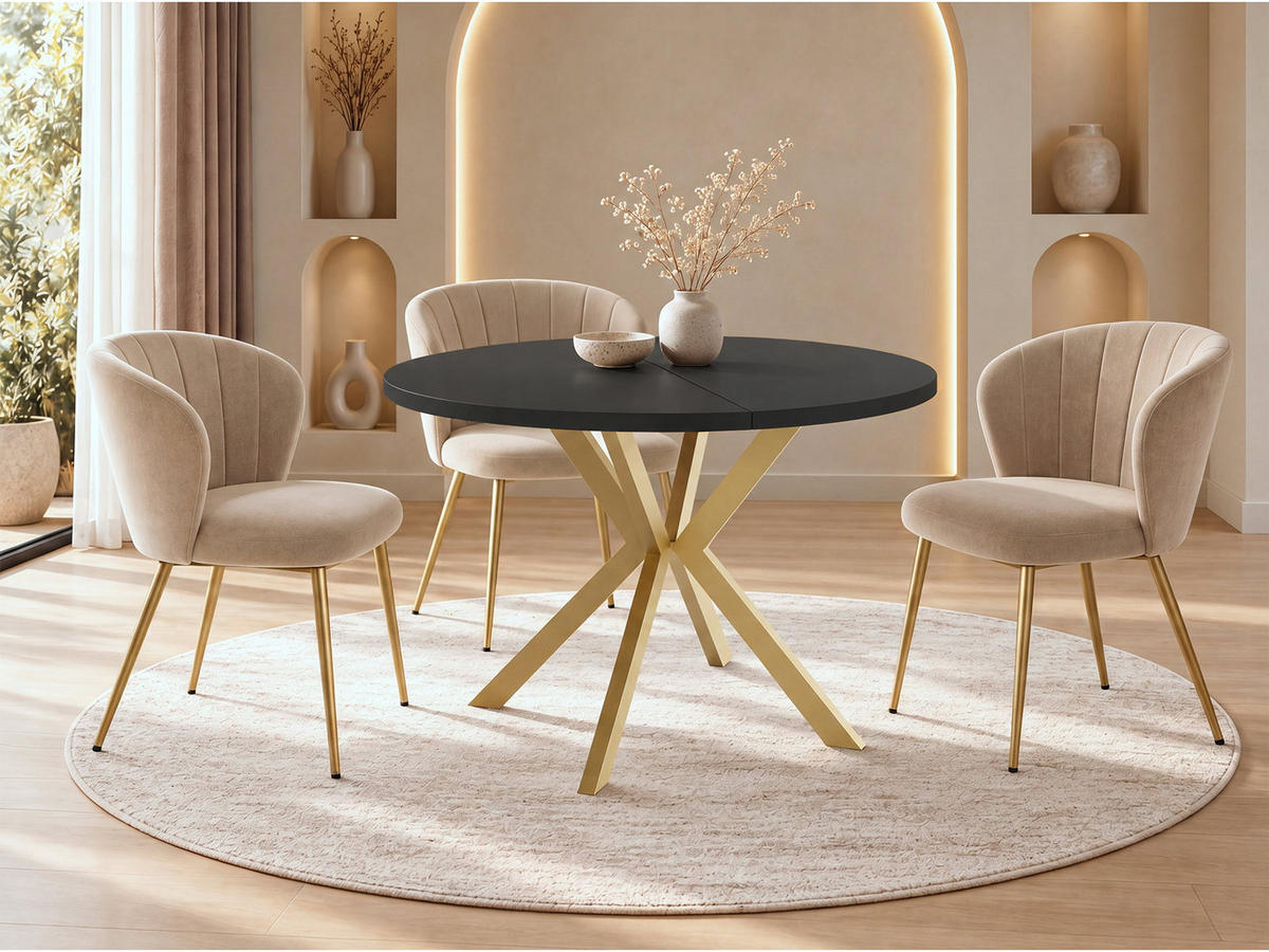 ESSTISCH Flora runder ausziehbarer, Schwarz 120-200/120/76 cm - Goldfarben/Schwarz, Holzwerkstoff/Metall (120/200/76cm) - WFL GROUP