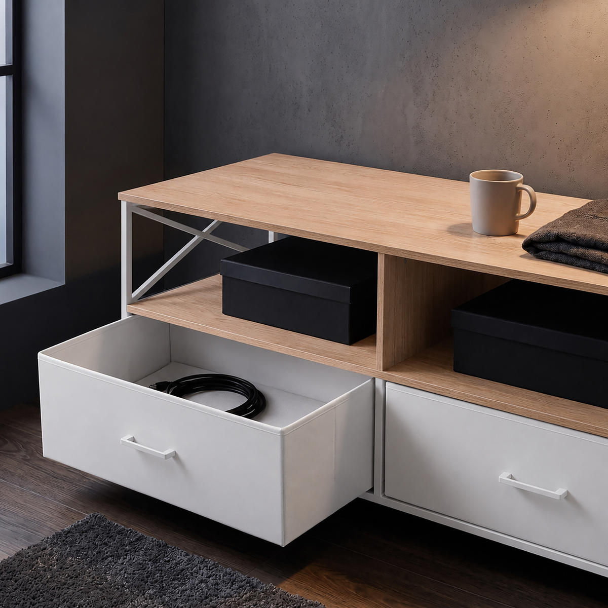 TV-LOWBOARD Holzoptik-Weiß Stoffschubladen 120 cm - Multicolor, Holzwerkstoff/Textil (120/50/40cm) - Relaxdays