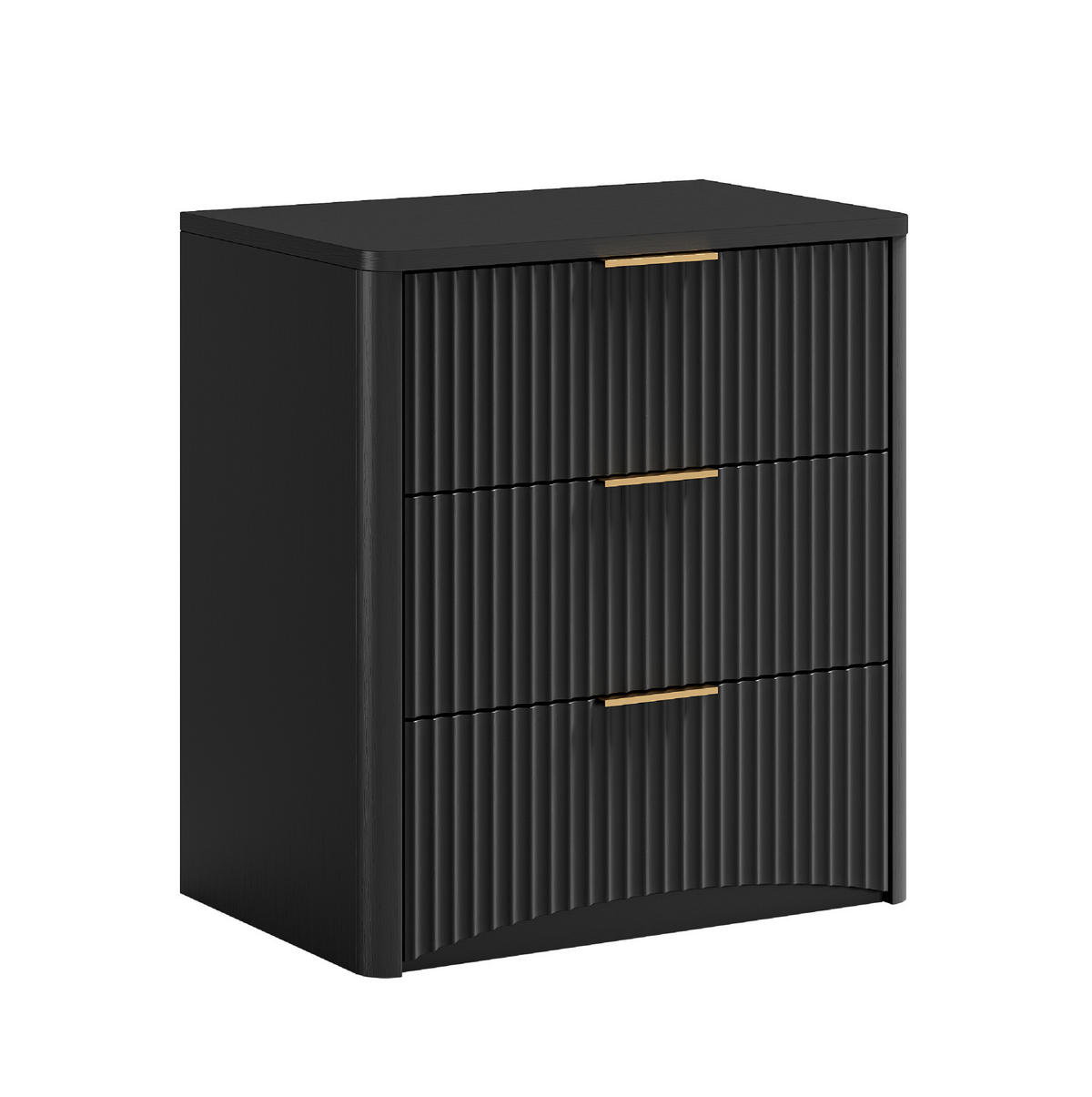 NACHTTISCH aus MDF 58x38x64 cm Schwarz mit 3 Schubladen, Dämpfungssystem und Rillenfront - Schwarz, Holzwerkstoff (58/64/38cm) - Modfu
